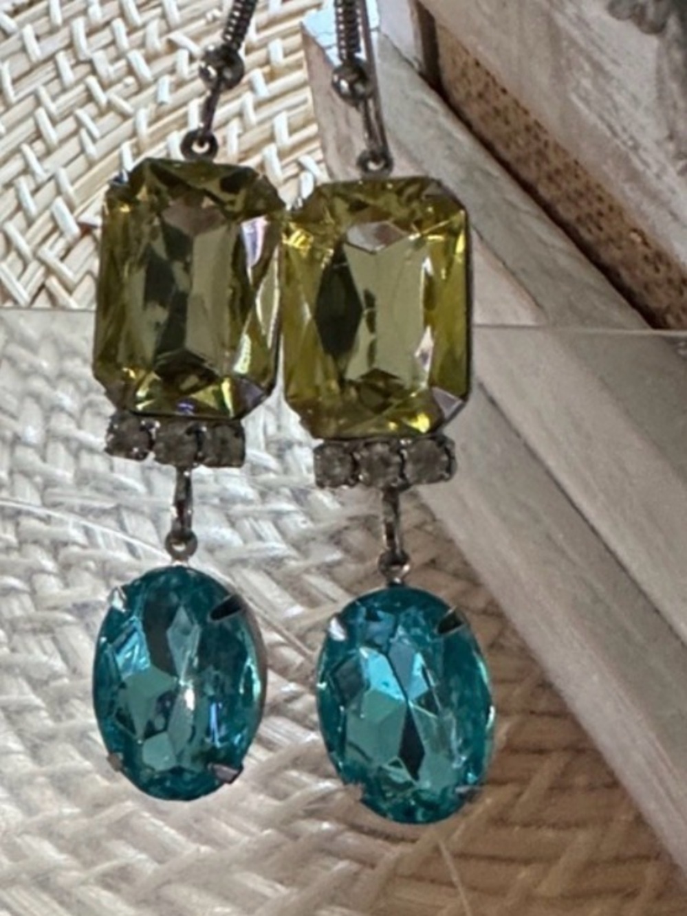 Yellow and Teal Crystal Drop Earrings -Costume jewelry - Picture 3 of 10